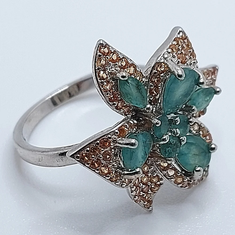 Natural Emerald 6x4mm & Sapphire 925 Sterling Silver Ring Sz 6. - Picture 3 of 8